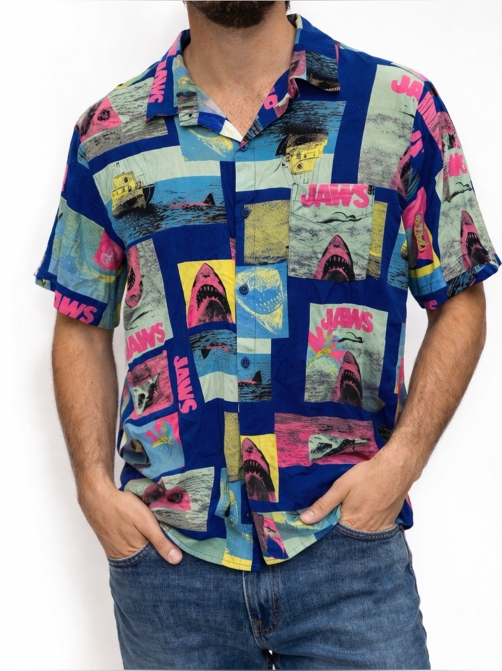 JAWS Button Down Shirt Small Rayon Movie Print Retro Camp Shirt